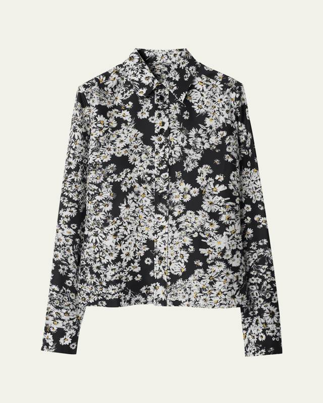 Flower Print Button Down Silk Top